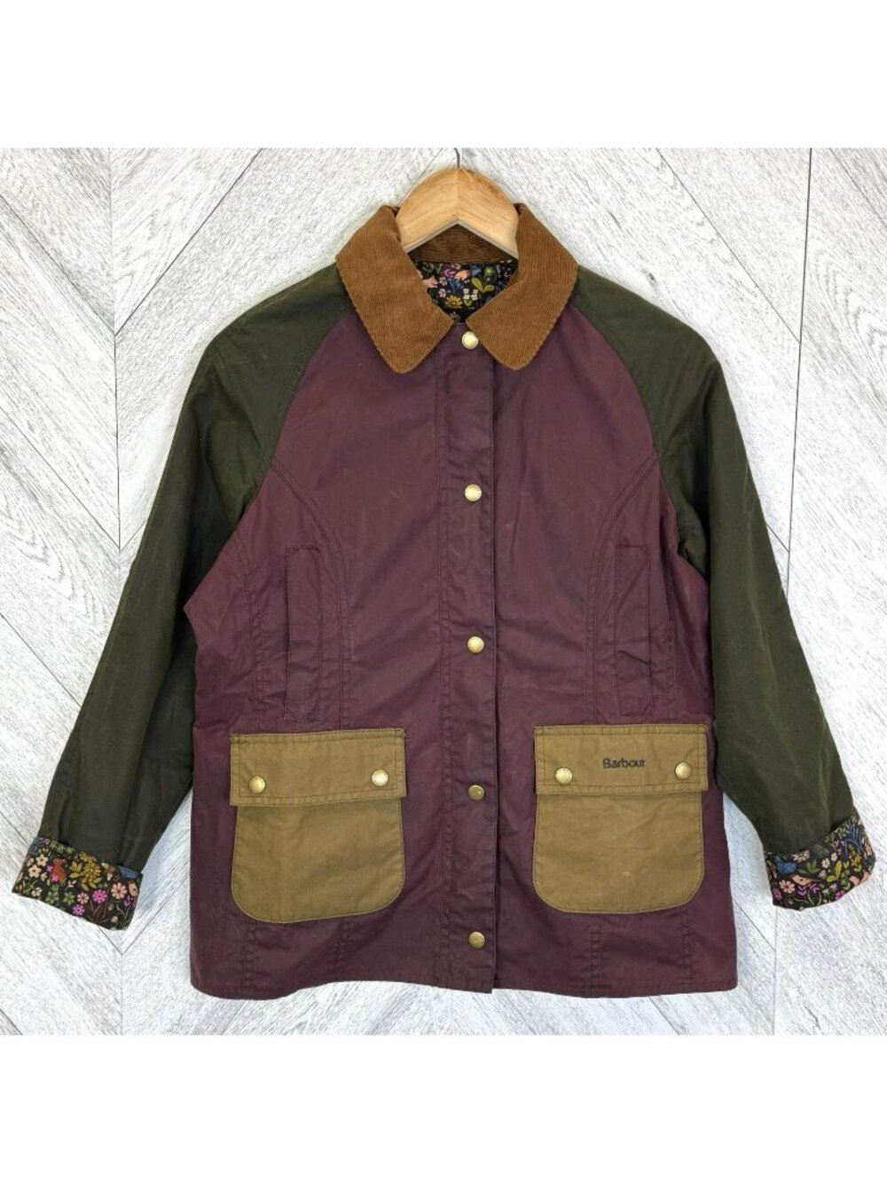 Barbour Kids XL 12/13 Beadnell Wax Jacket Colorblock Floral Woodland Lining